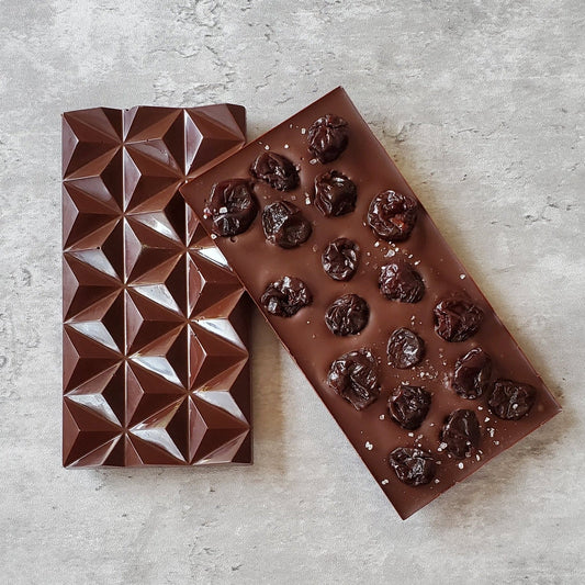Dark chocolate bar, tart dry cherries, sprinkle of fleur de sel, textured chocolate bar