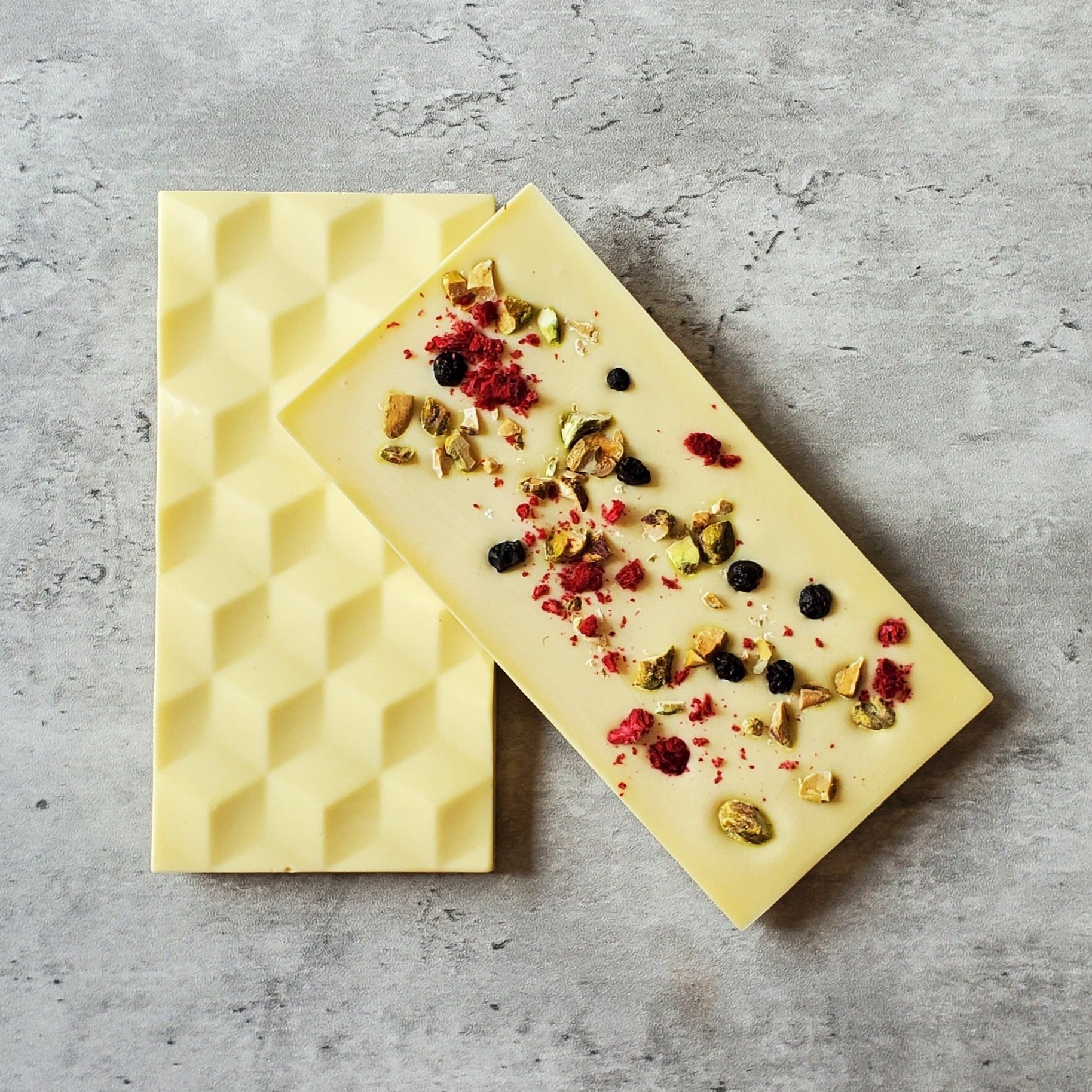 creamy white chocolate bar, pistachios and mixed berries 