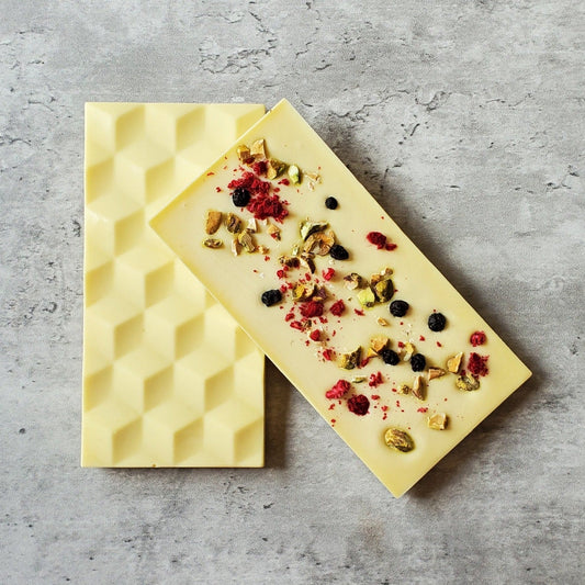 creamy white chocolate bar, pistachios and mixed berries 